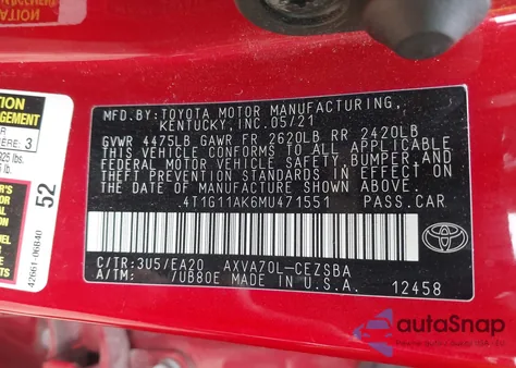 2021 Toyota Camry Se from USA, damaged, VIN 4T1G11AK6MU471551